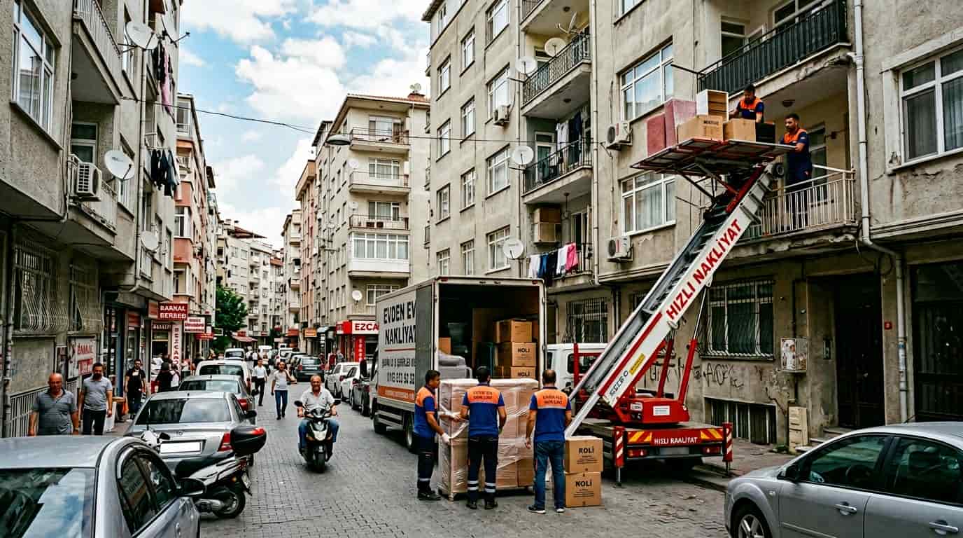 Yoğun caddede kırmızı mobil asansör çalışması
