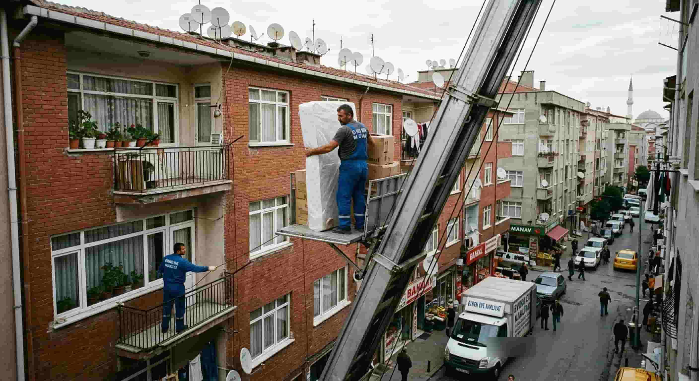 Yüksekten görünümlü asansörlü sokak nakliyesi